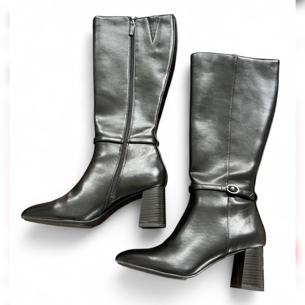 Anne Klein Black Knee-High Pointed Toe Faux Leather Size 8.5